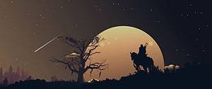 Silhouette of a mounted warrior on a hilltop beneath a massive full moon and starry night sky HD wallpaper