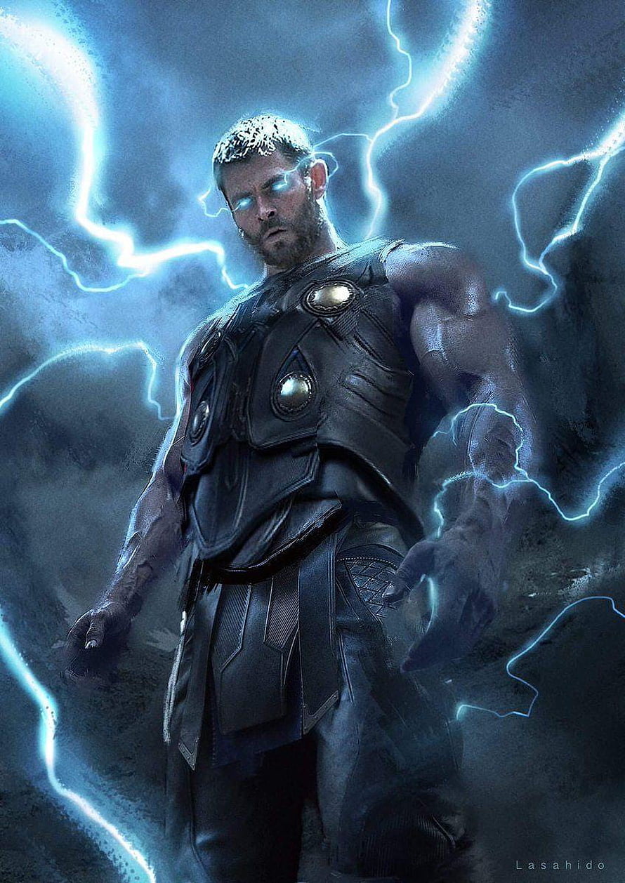 Thor Ragnarok Concept Art Featuring Glowing Blue Eyes and Electric Lightning Storm HD phone wallpaper