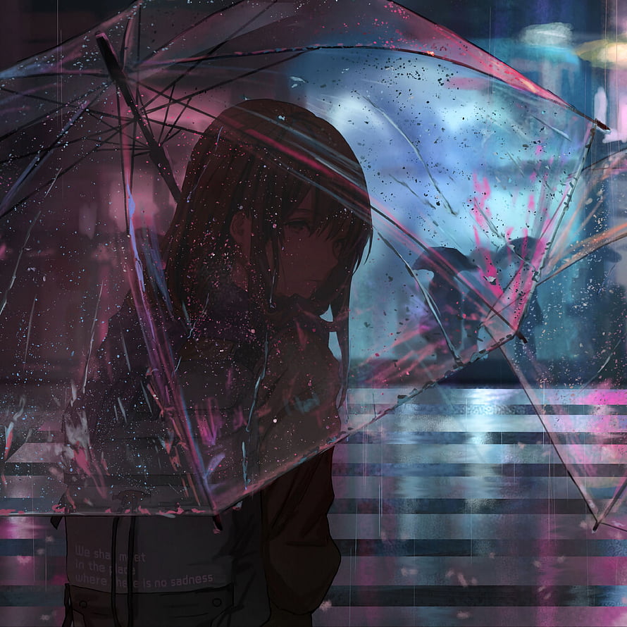Anime Girl Under Transparent Umbrella in Neon Rain at Night HD phone wallpaper