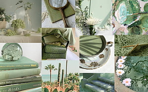 Sage Green Aesthetic Collage Featuring Vintage Books, Ceramics, and Botanical Elements HD wallpaper