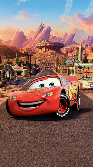 Lightning McQueen in Radiator Springs from the Disney Pixar Cars movie HD phone wallpaper
