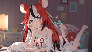 Hakos Baelz from Hololive in a Cozy Bedroom Setting Wearing a White Off-Shoulder Top HD wallpaper