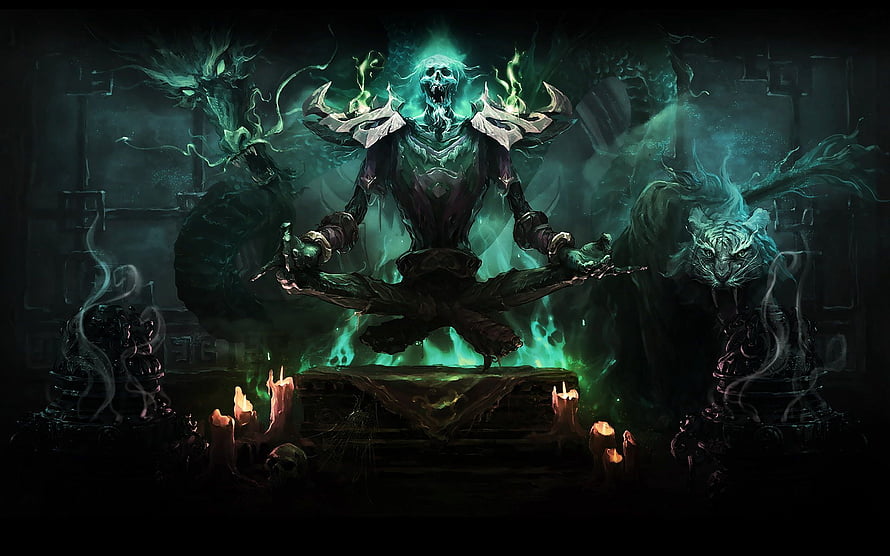 World of Warcraft Necromancer Ritual with Ghostly Guardians and Green Flame Altar HD wallpaper