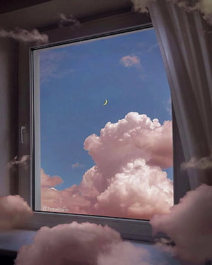 Dreamcore Window View With Crescent Moon And Pink Clouds HD phone wallpaper