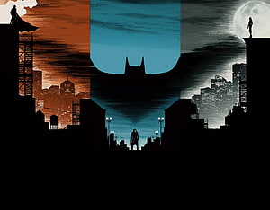 Gotham City Minimalist Artwork Featuring Batman Silhouette and Dark Knight Symbol HD wallpaper