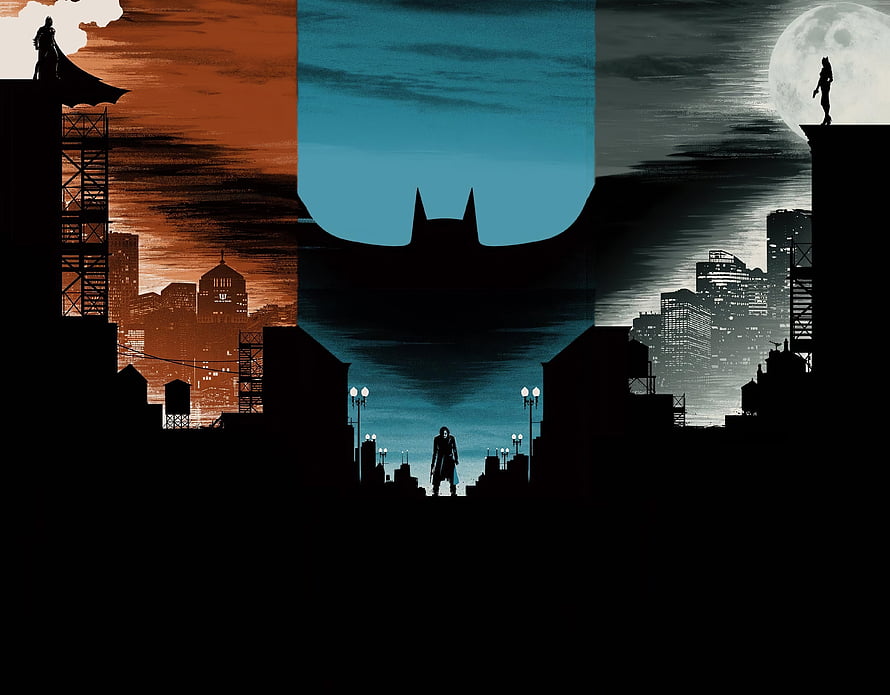 Gotham City Minimalist Artwork Featuring Batman Silhouette and Dark Knight Symbol HD wallpaper