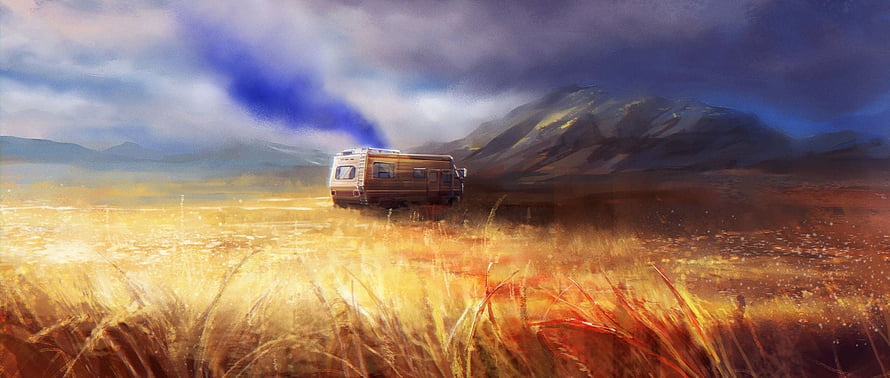 Breaking Bad RV in Golden Grassland with Dramatic Sky and Distant Mountains HD wallpaper