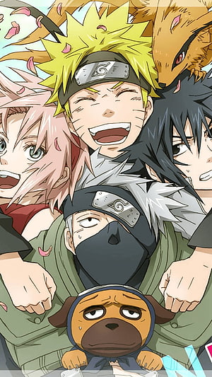 Naruto Team 7 Anime Group Portrait with Chibi Akamaru and Nine-Tails Fox HD phone wallpaper