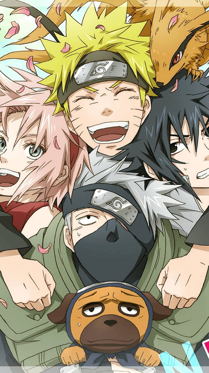 Naruto Team 7 Anime Group Portrait with Chibi Akamaru and Nine-Tails Fox HD phone wallpaper
