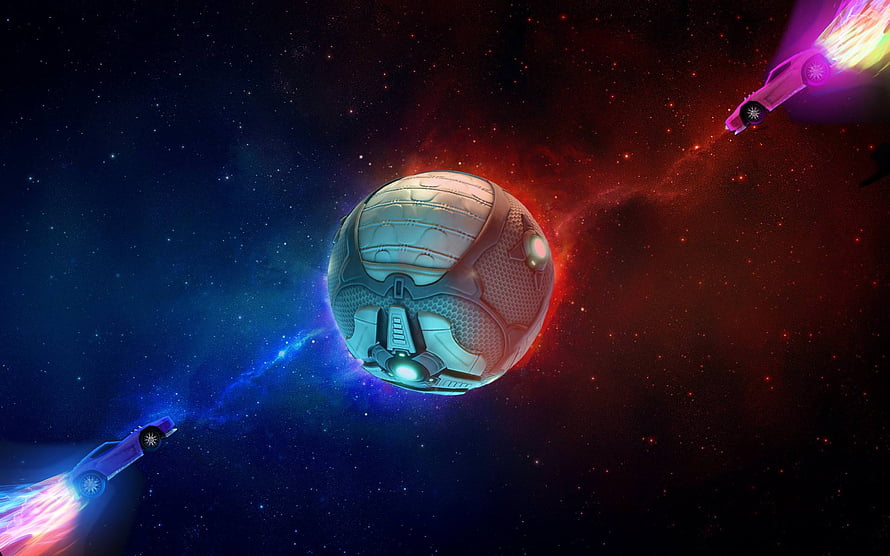 Rocket League Ball and Cars Racing Through Vibrant Cosmic Space HD wallpaper