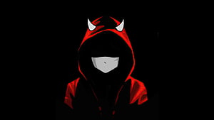 Minimalist Devil Boy Hoodie Illustration with Horns and Mask on Black Background HD wallpaper