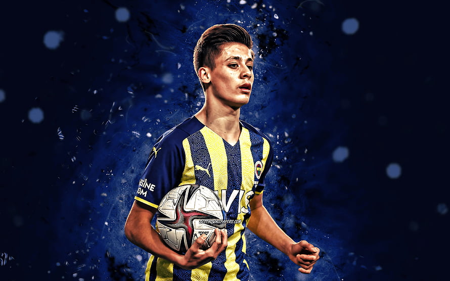 Arda Güler in Fenerbahçe Kit Holding Soccer Ball Against Dark Blue Background HD wallpaper