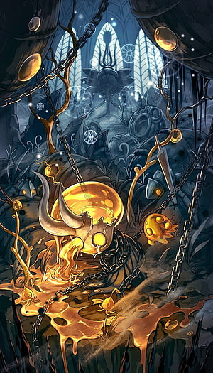 Hollow Knight Silksong Concept Art: Horned Skull and Molten Gold in a Dark Cathedral HD phone wallpaper