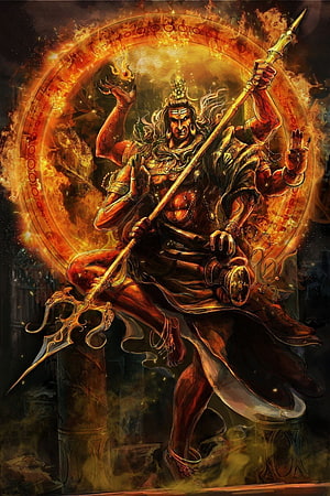 Fierce Hindu Deity Wielding Trishula Spear in Fiery Divine Aura HD phone wallpaper