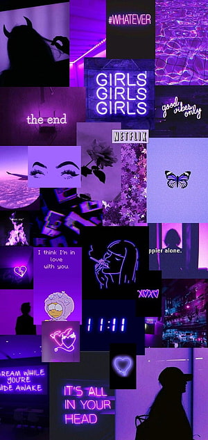 Purple Neon Aesthetic Collage with Dark Silhouettes and Glowing Text HD phone wallpaper