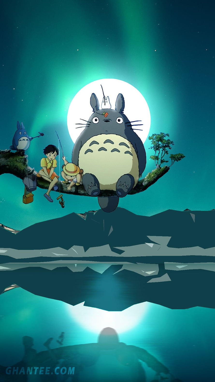 Totoro and Friends on a Floating Branch Under the Moonlight HD phone wallpaper