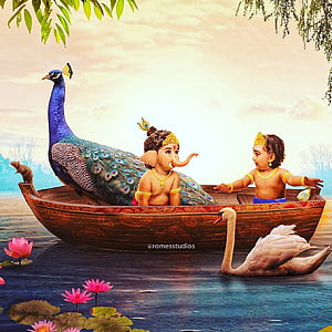 Baby Lord Ganesha and Murugan in a Boat with Peacock and Swan HD wallpaper