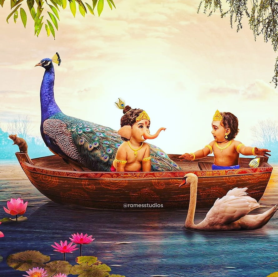 Baby Lord Ganesha and Murugan in a Boat with Peacock and Swan HD wallpaper