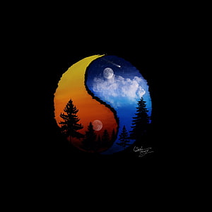 Yin Yang Symbol Featuring Day and Night Forest Landscape with Moon and Stars HD phone wallpaper