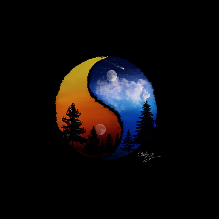 Yin Yang Symbol Featuring Day and Night Forest Landscape with Moon and Stars HD phone wallpaper