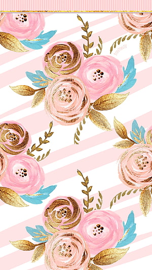 Pink and Gold Watercolor Rose Pattern with Striped Background HD phone wallpaper