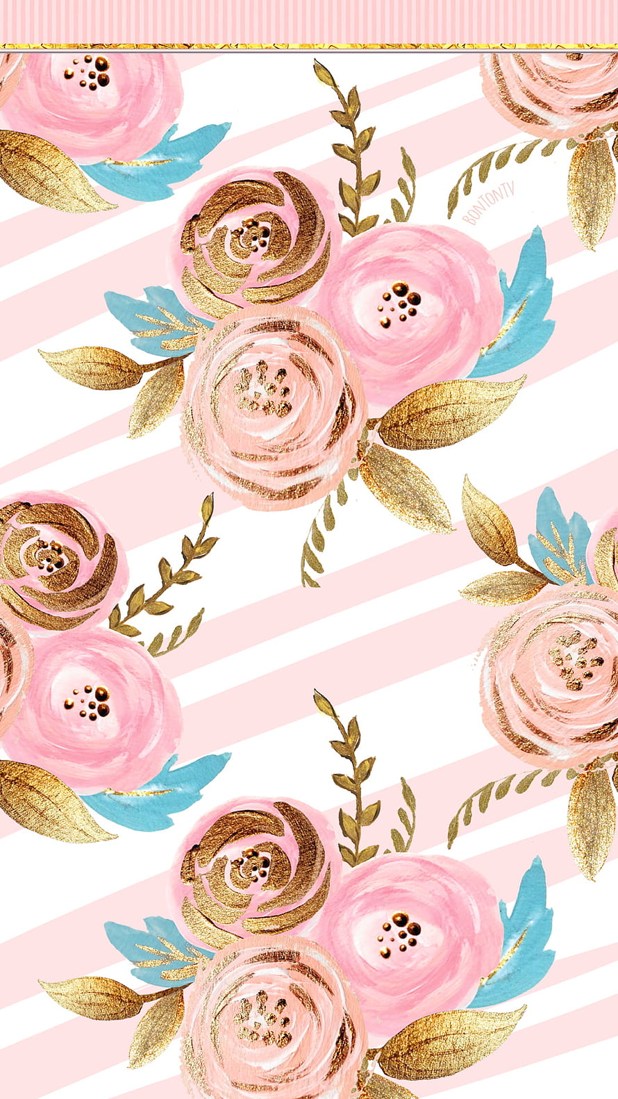 Pink and Gold Watercolor Rose Pattern with Striped Background HD phone wallpaper