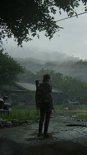 Ellie from The Last of Us Part 2 standing in a misty overgrown landscape with a backpack and rifle HD phone wallpaper