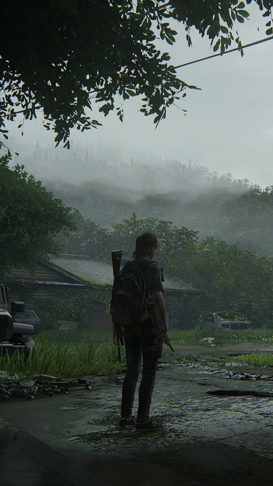 Ellie from The Last of Us Part 2 standing in a misty overgrown landscape with a backpack and rifle HD phone wallpaper