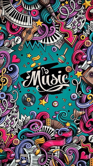 Vibrant Music Pop Art Illustration with Doodle Instruments and Teal Background HD phone wallpaper