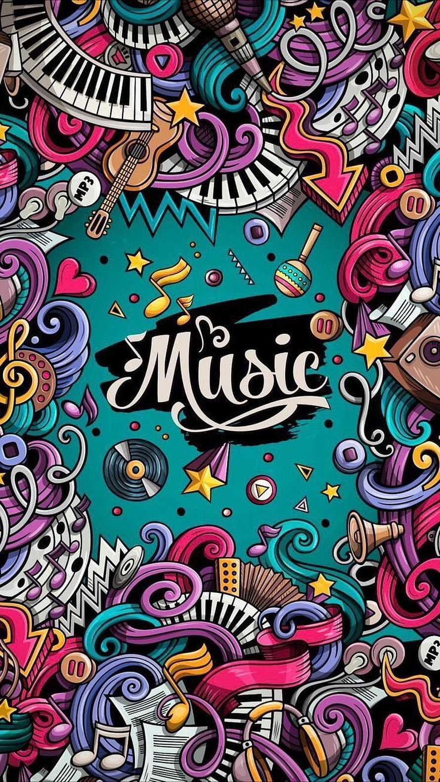 Vibrant Music Pop Art Illustration with Doodle Instruments and Teal Background HD phone wallpaper
