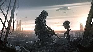 Halo 3 ODST Soldier Kneeling in Rain with Helmet and Rifle on Ruined Rooftop HD wallpaper