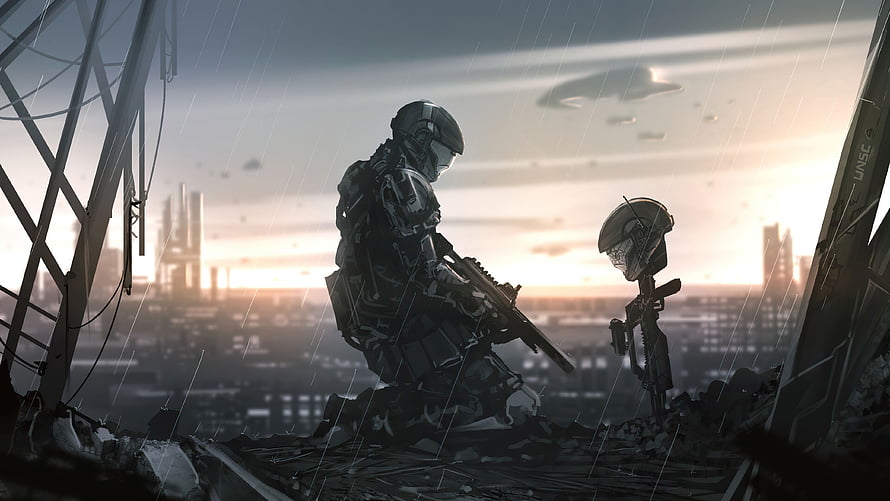 Halo 3 ODST Soldier Kneeling in Rain with Helmet and Rifle on Ruined Rooftop HD wallpaper