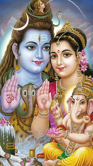 Lord Shiva, Parvati, and Ganesha in a Traditional Hindu Devotional Painting HD phone wallpaper