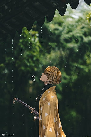 Zenitsu Agatsuma in the Rain from Demon Slayer Anime Illustration HD phone wallpaper