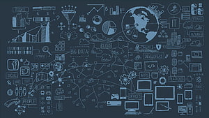 Digital Technology Concept Sketch with Big Data, Cloud, and IoT Icons on Dark Background HD wallpaper