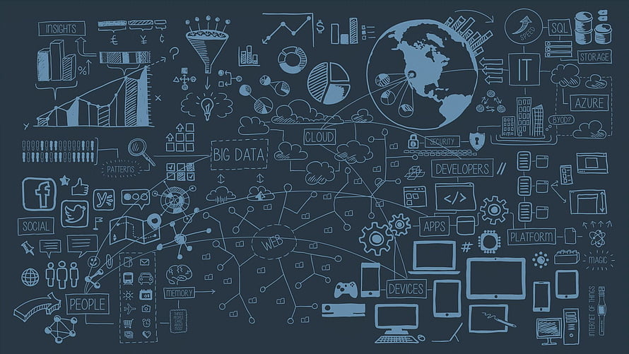 Digital Technology Concept Sketch with Big Data, Cloud, and IoT Icons on Dark Background HD wallpaper