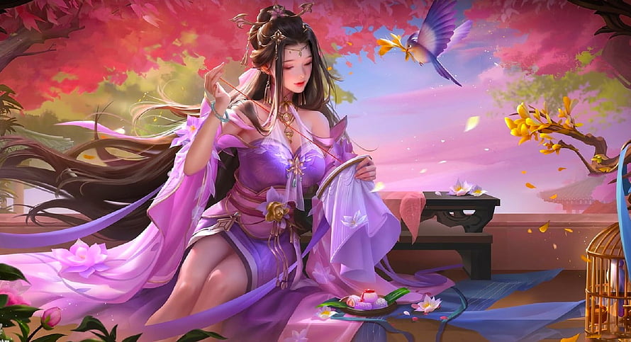 Elegant Fantasy Woman in Purple Hanfu with Bird and Blossoms HD wallpaper