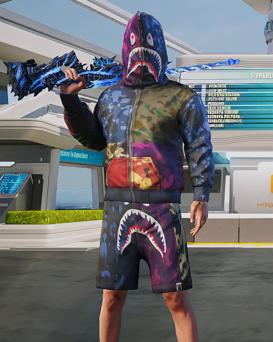 PUBG Mobile Shark Hoodie Outfit with Blue Energy Weapon in Lobby HD phone wallpaper