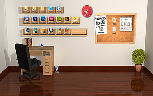 3D Rendered Home Office Interior With Desk, Chair, Corkboard, and Wall Shelves HD wallpaper