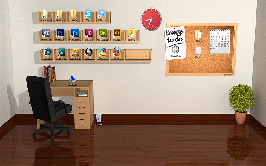 3D Rendered Home Office Interior With Desk, Chair, Corkboard, and Wall Shelves HD wallpaper