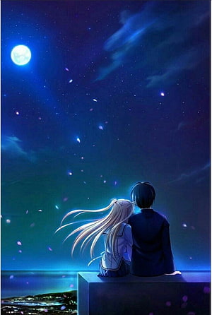 Anime Couple Gazing at Full Moon and Starry Night Sky HD phone wallpaper