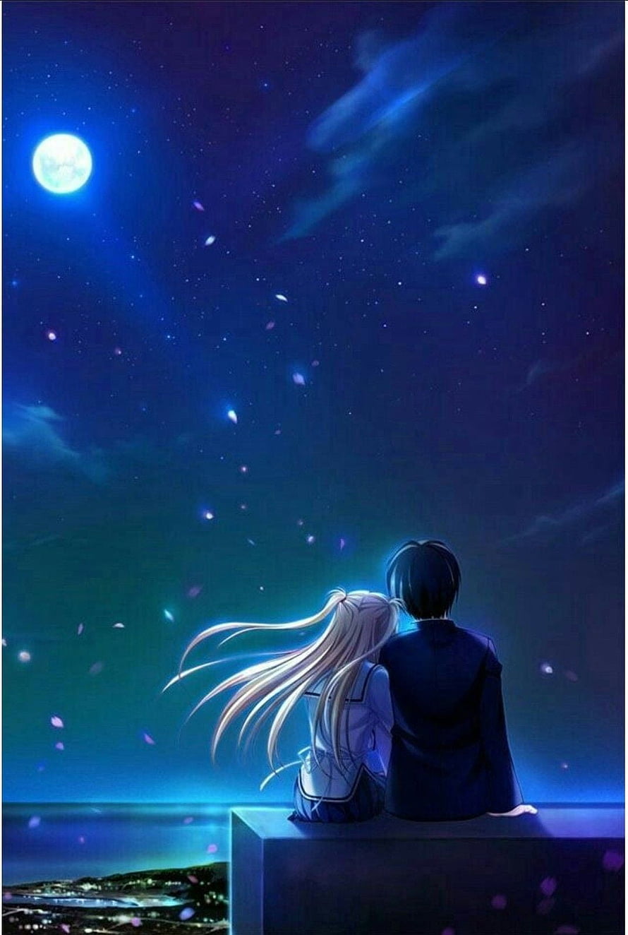 Anime Couple Gazing at Full Moon and Starry Night Sky HD phone wallpaper