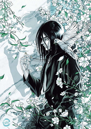 Eren Yeager from Attack on Titan in a moody floral illustration with a white dove HD phone wallpaper