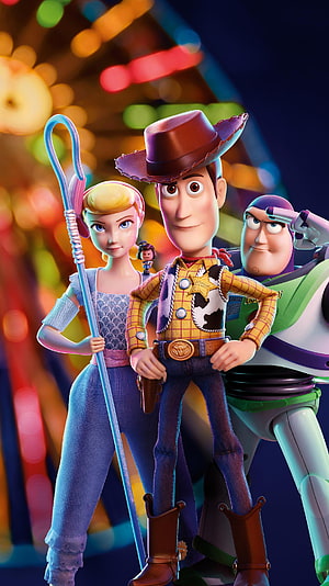 Woody, Bo Peep, and Buzz Lightyear from Toy Story 4 in a vibrant carnival setting HD phone wallpaper