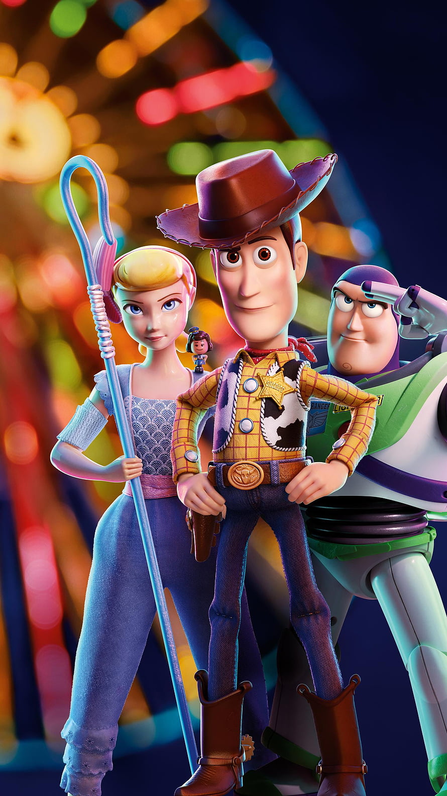 Woody, Bo Peep, and Buzz Lightyear from Toy Story 4 in a vibrant carnival setting HD phone wallpaper