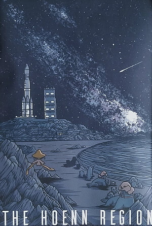 The Hoenn Region Night Sky Illustration with Rocket and Starry Landscape HD phone wallpaper