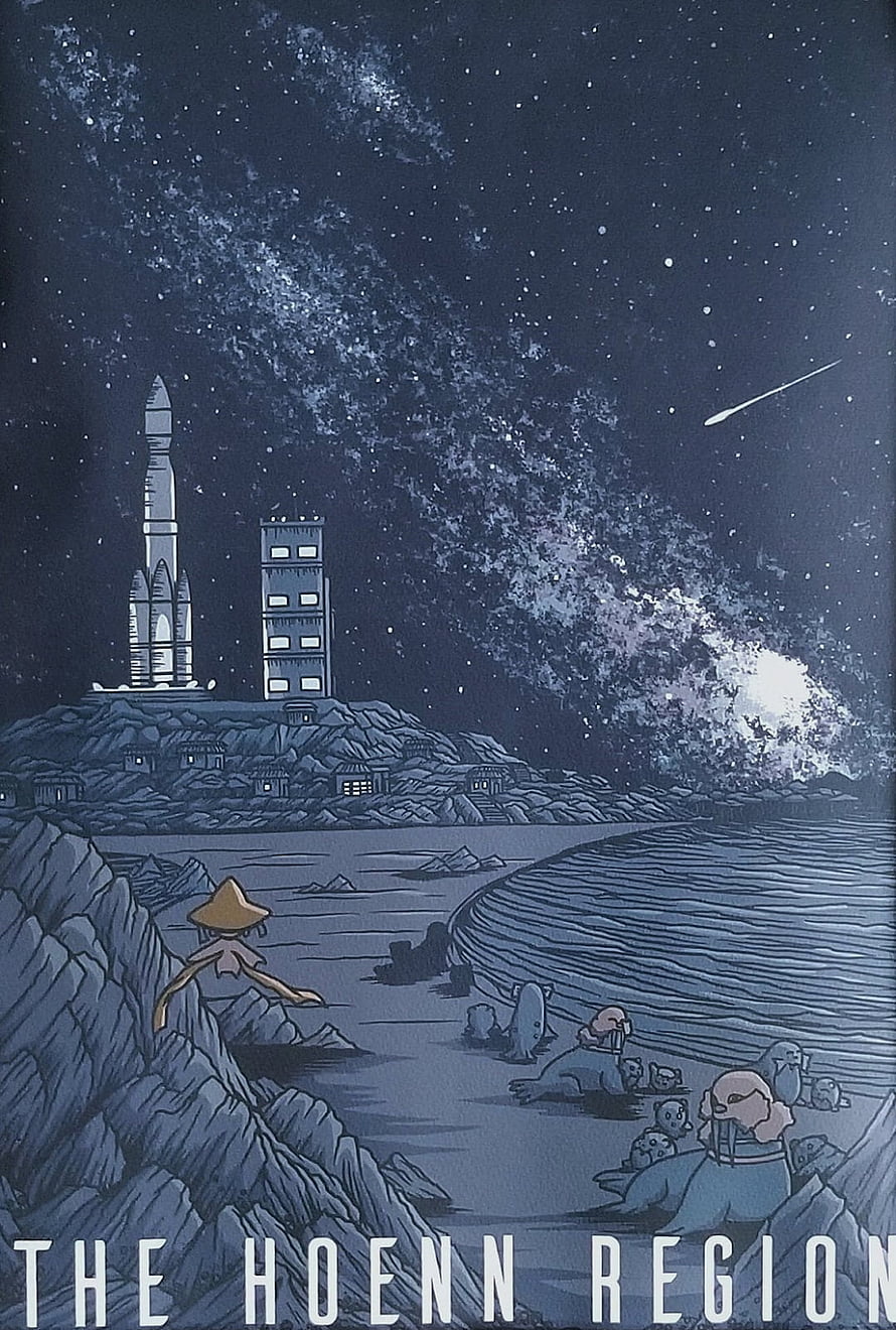 The Hoenn Region Night Sky Illustration with Rocket and Starry Landscape HD phone wallpaper