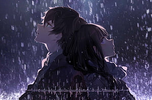 Dark Anime Couple Gazing Up in the Rain with Melancholic Atmosphere HD wallpaper
