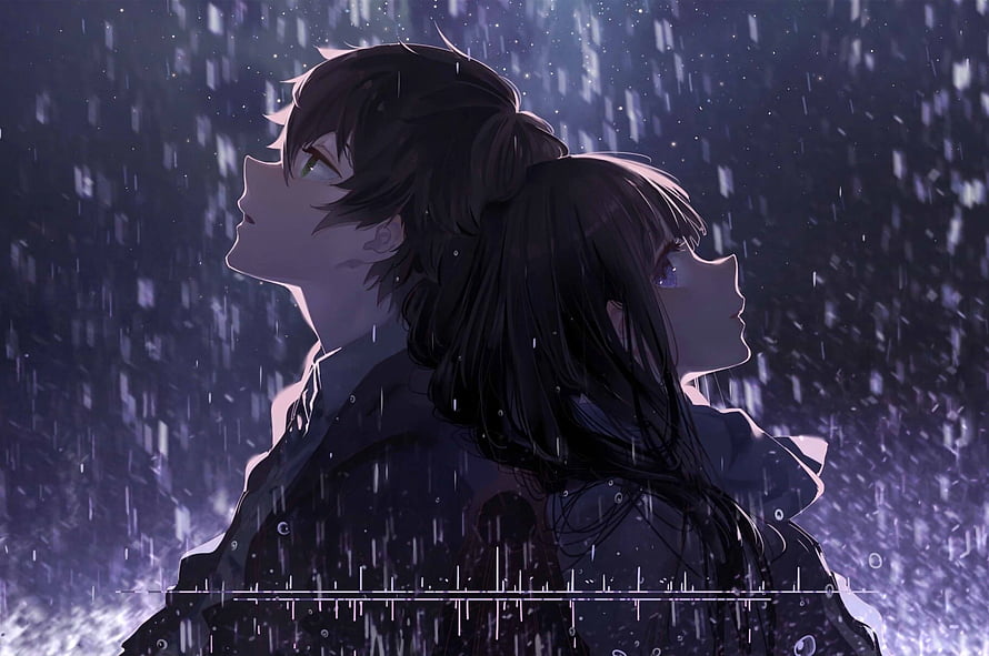 Dark Anime Couple Gazing Up in the Rain with Melancholic Atmosphere HD wallpaper