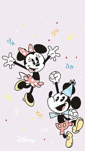 Mickey and Minnie Mouse Celebrating with Confetti and Party Hats HD phone wallpaper